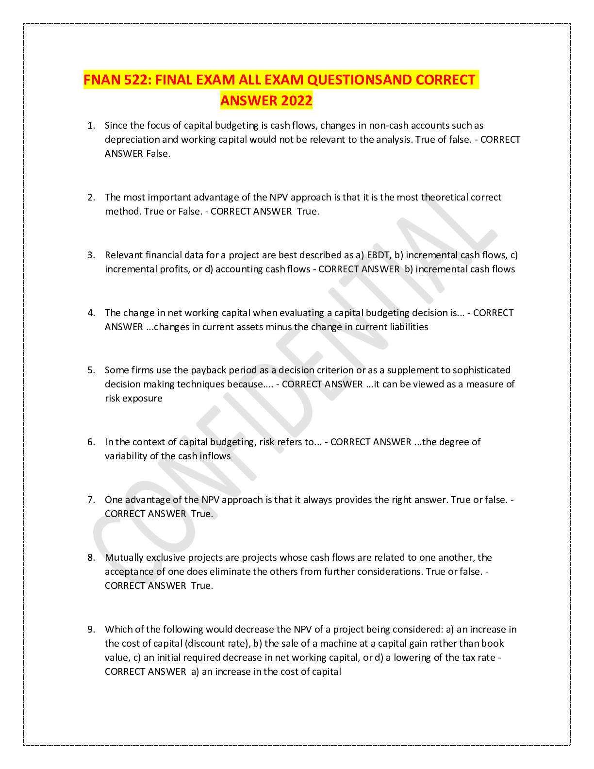 Preview image for FNAN 522: FINAL EXAM ALL EXAM QUESTIONS AND CORRECT ANSWER 2022